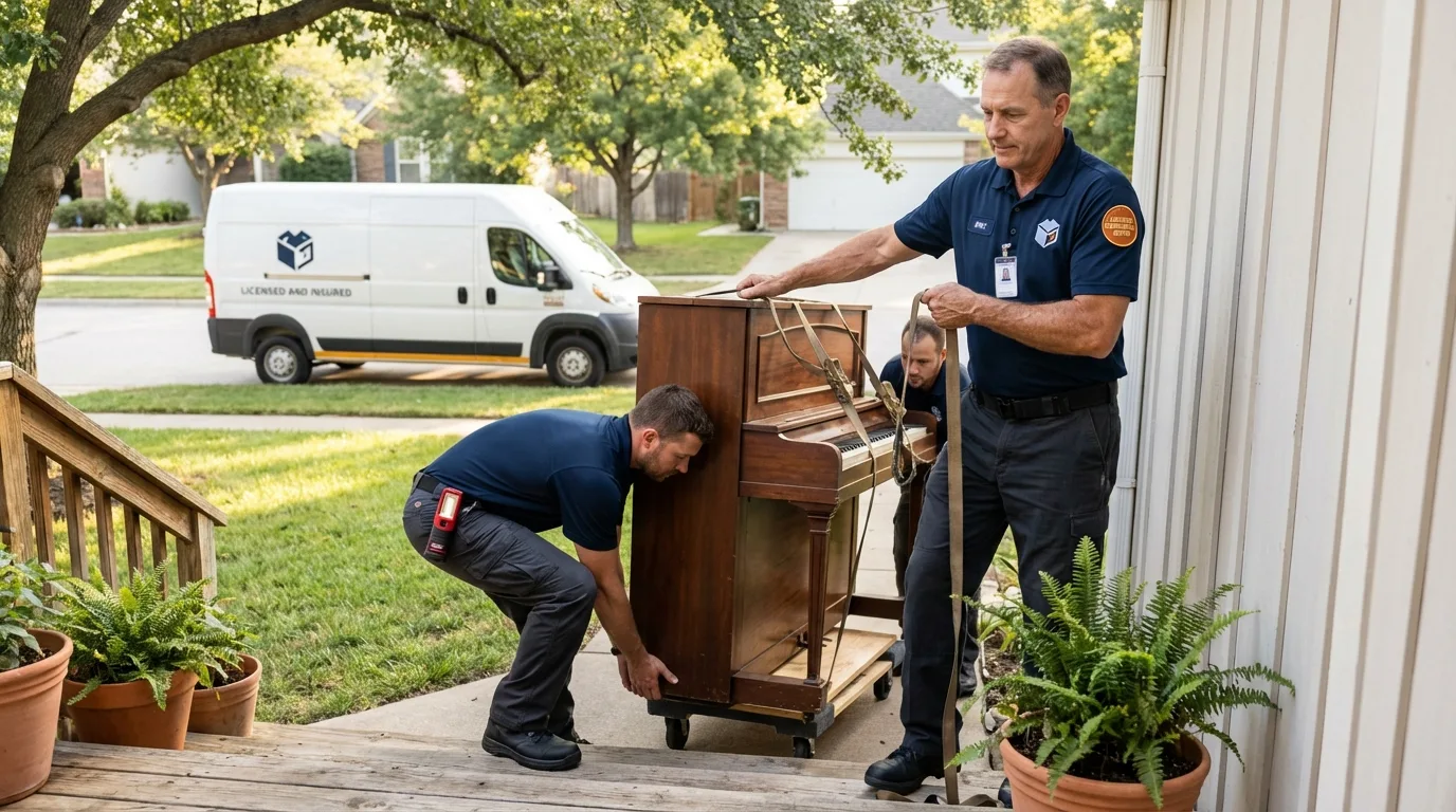 Licensed piano movers securing grand piano in Beacon, NY